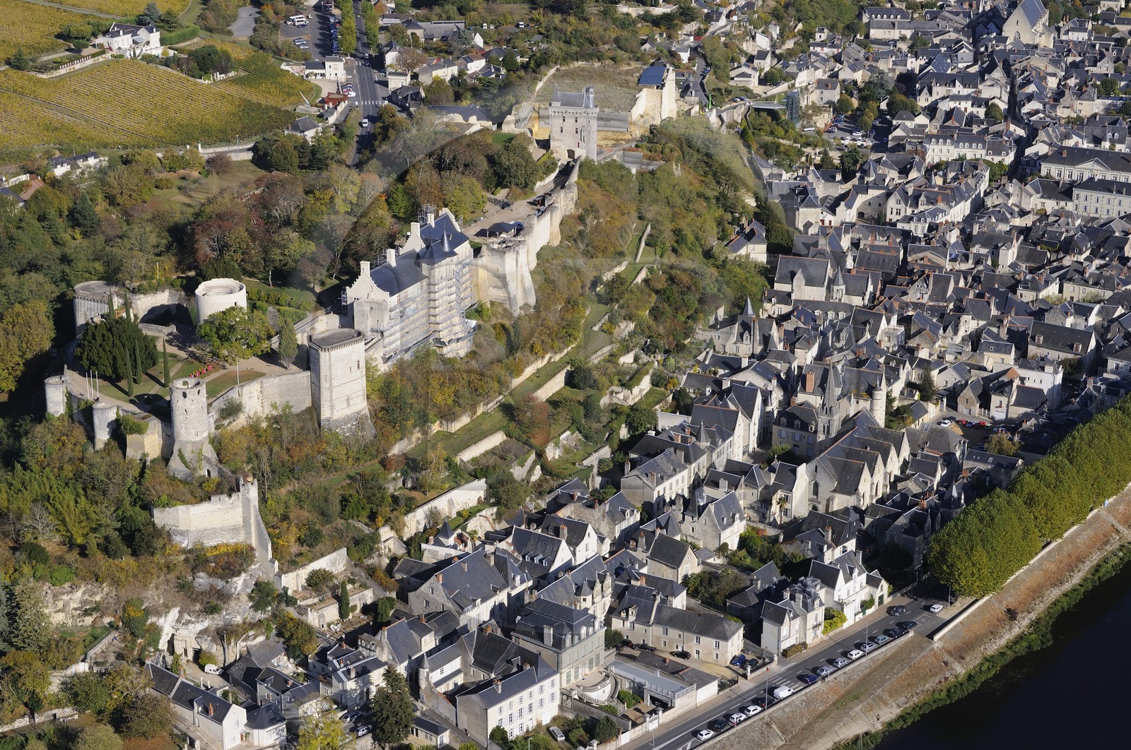 France, Indre et Loire, Loire valley listed as World Heritage by UNESCO, Chinon, its medieval castle and the Vienne river (aerial view)