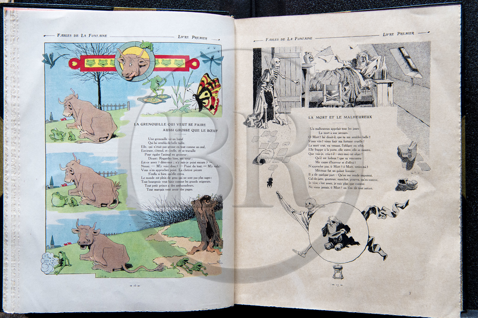 France, Aisne, Château-Thierry, Jean de La Fontaine Museum - city of Chateau-Thierry,  La Fontaine's Fables book illustrated by Benjamin Rabier, Edition Jules Tallandier, 1906, in-folio, The Frog that wished to be as big as the Ox fable III of book I