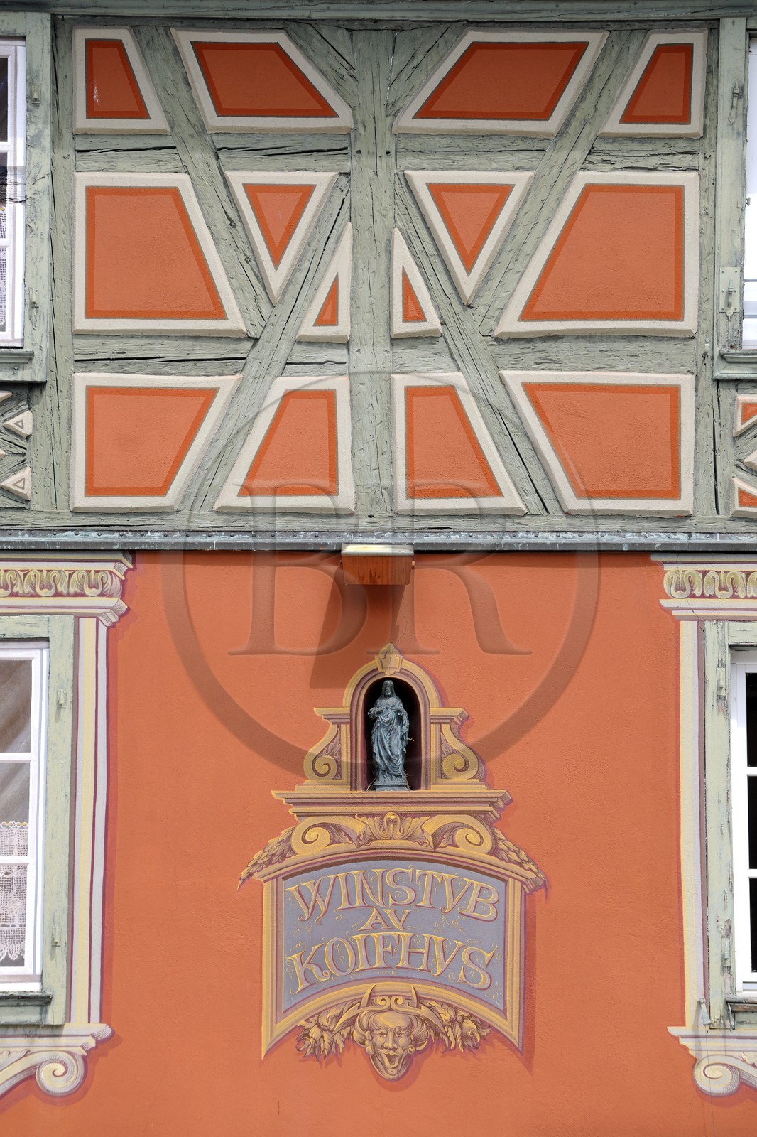 France, Haut Rhin, Colmar, detail of facade of Place de l'Ancienne Douane
