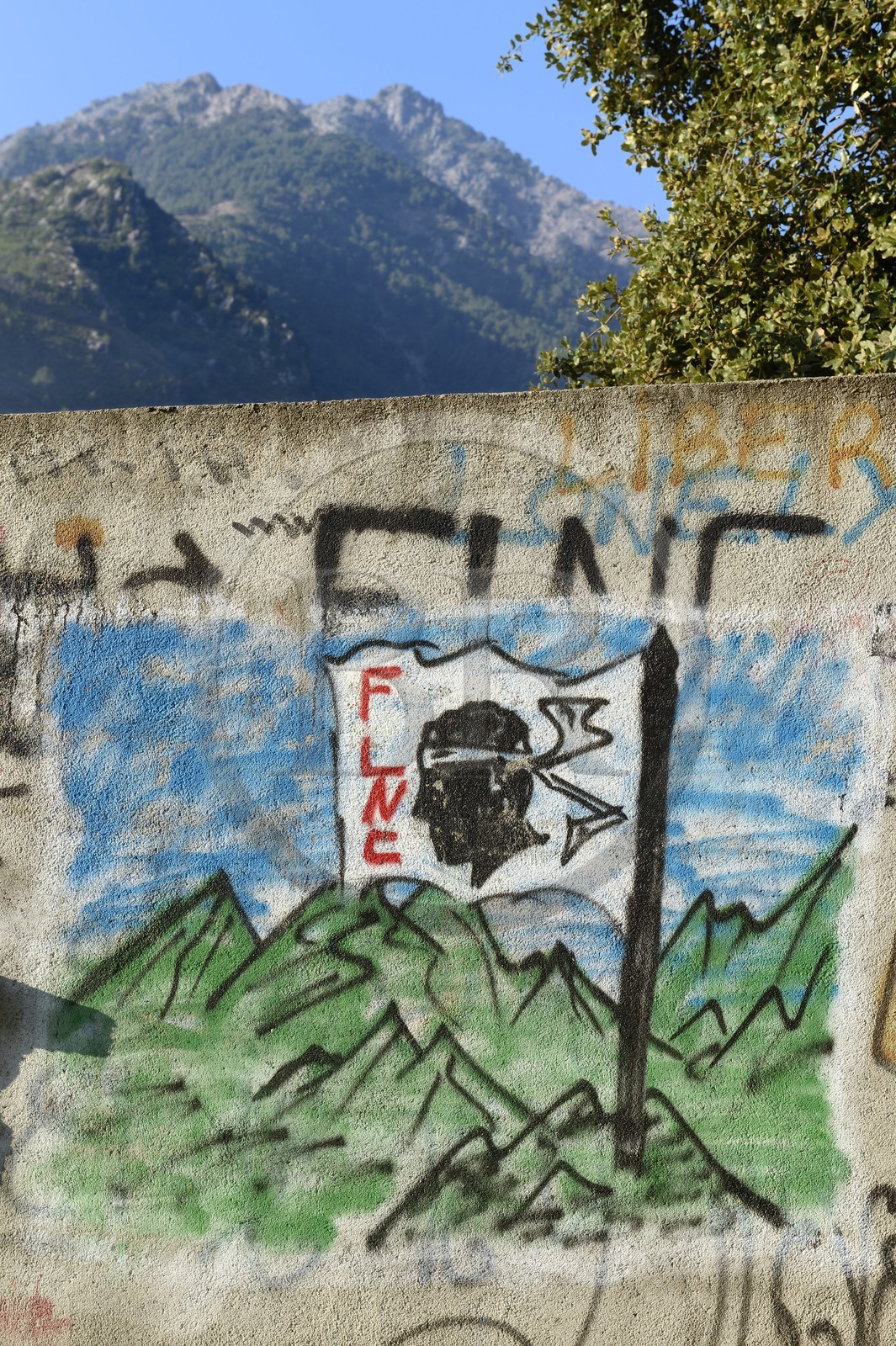 France, Haute-Corse (2B), Corte, graffitis politiques et indépendantistes avec la tête de Maure emblème de la Corse