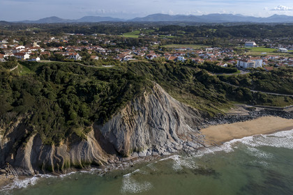 France, Pyrenees Atlantiques, Basque Country coast at Bidart, the beach at the foot of the cliff (aerial view)