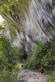 France, Vaucluse, Mont Ventoux Regional Natural Park, Monieux, Gorges de La Nesque, hikers passing under a rock ledge at the bottom of the canyon
