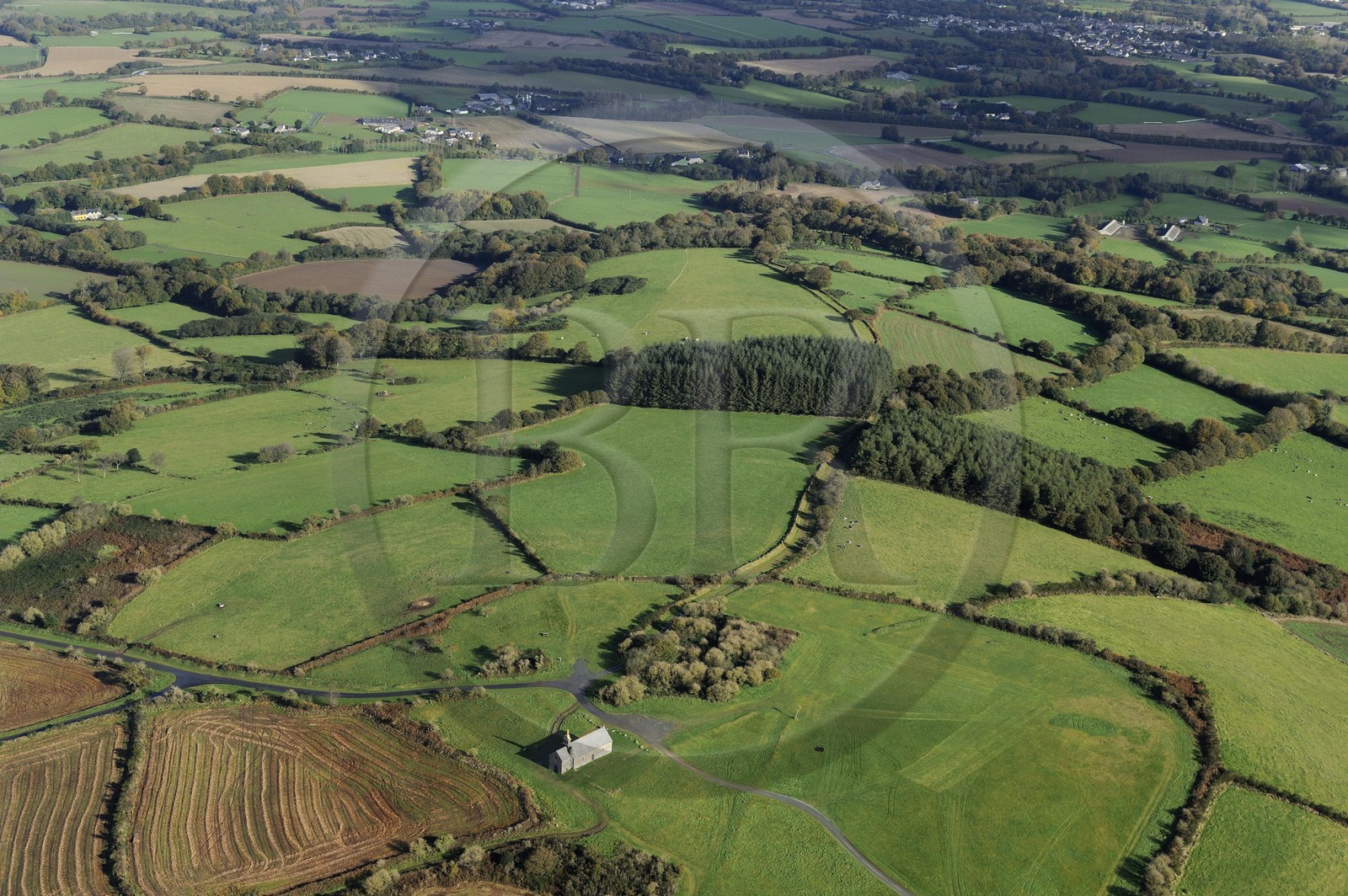 France, Cotes-d'Armor, Saint Herve chapel at the top of Menez Bre (aerial view)