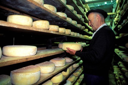 France, Hautes Pyrenees, col of Soulor, Mr Montauban in Lou Pastou cheese cave, salting room