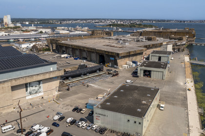 France, Morbihan, Lorient, Lorient La Base, former submarine base built by the Germans during the Second World War (aerial view)