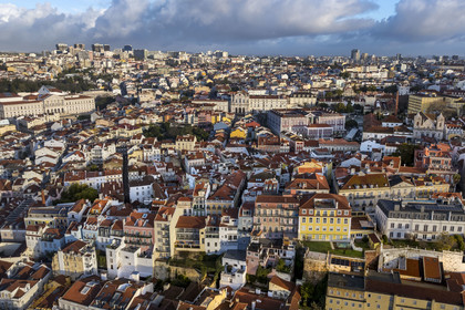 Portugal, Lisbon, Misericordia district to the west of Bairro Alto, on the left the Sao Bento Palace which houses the Assembly of the Portuguese Republic, in the center the Igreja de Nossa Senhora das Merces church adjacent to the Passos Manuel School on the right (aerial view)