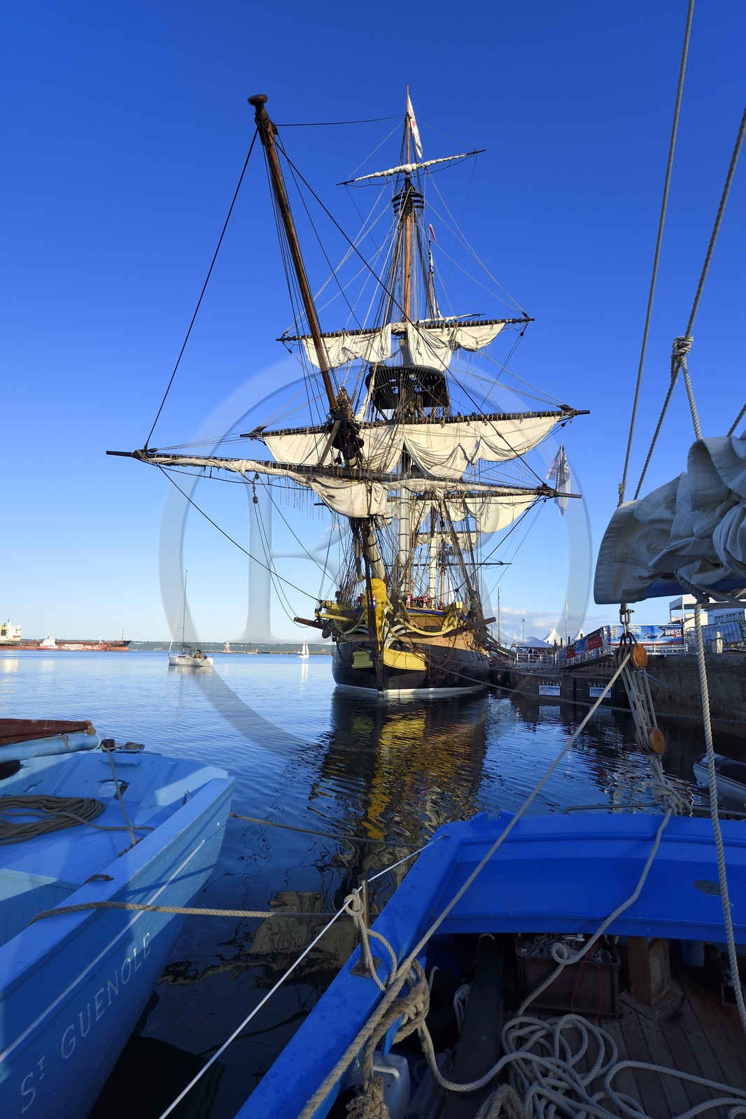 France, Finistere, Brest port, L'Hermione frigate, replica of the three masts which brought the marquis de Lafayette to America in 1780, the bow