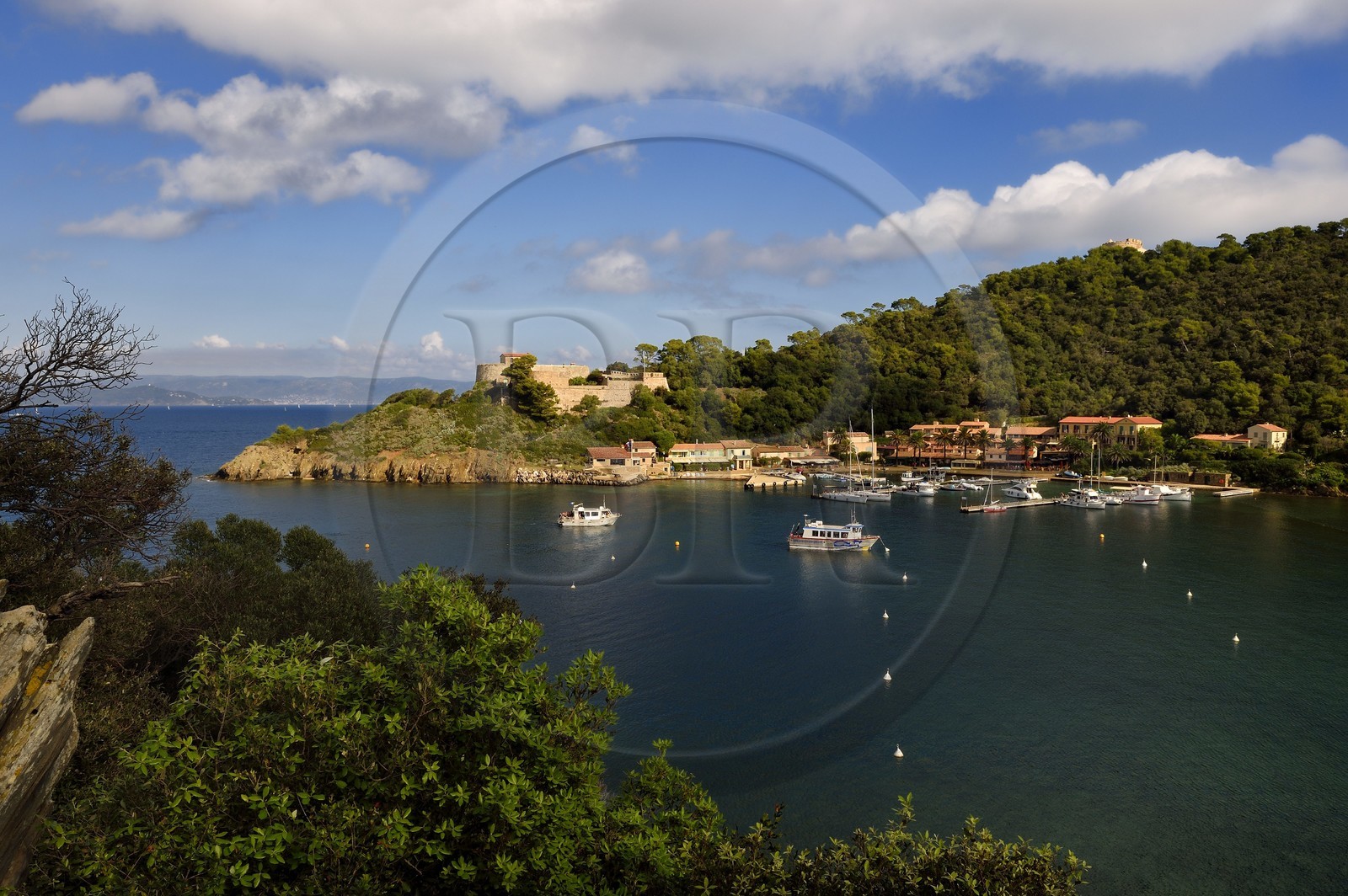 France, Var, Iles d'Hyeres, Parc National de Port Cros (National park of Port Cros), Port-Cros island, Fort du Moulin overlooking the village of Port Cros