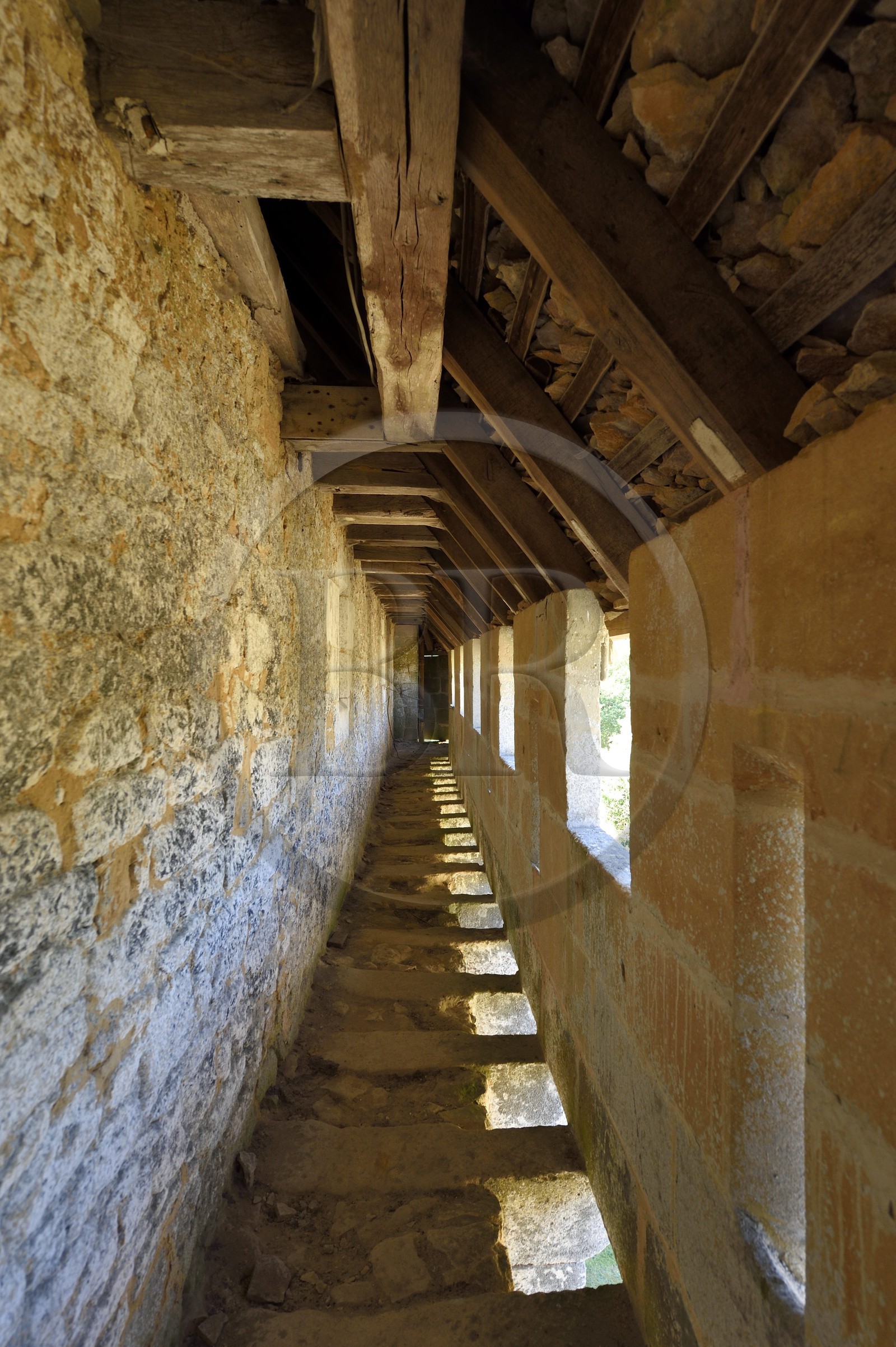 France, Dordogne, Perigord Noir, Dordogne Valley, Marquay, Chateau de Puymartin, rebuilt after the Hundred Years' War, the walkway