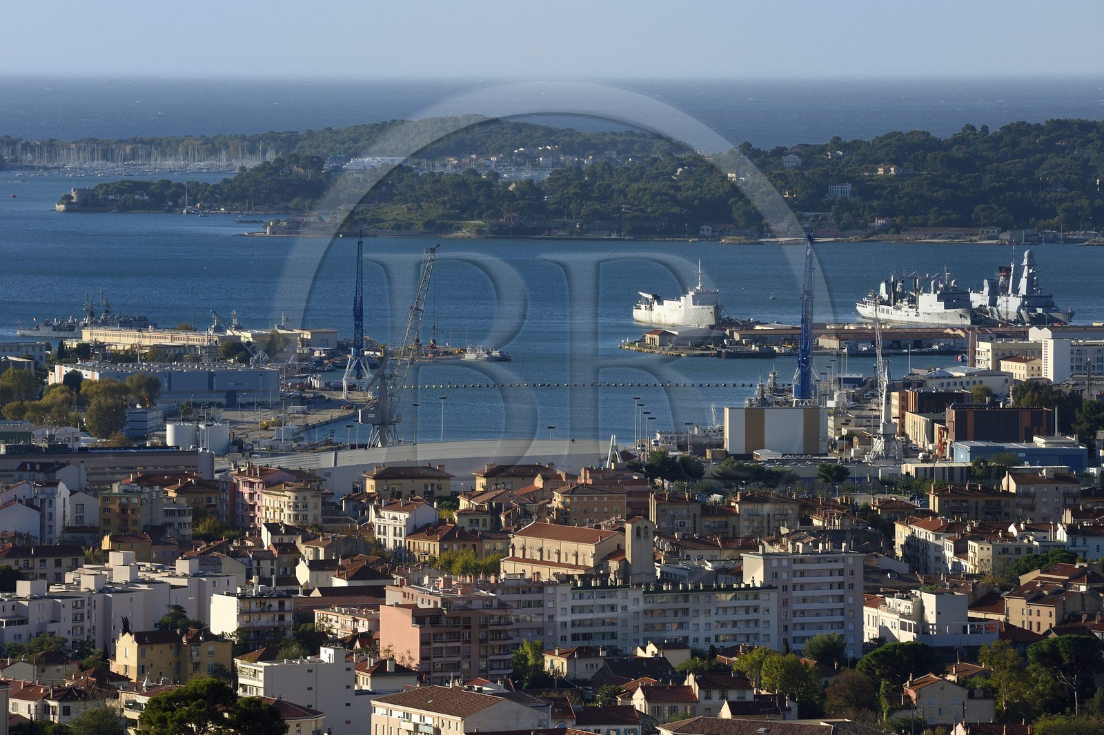 France, Var, Toulon, the Rade (Roadstead), the naval base (Arsenal) seen from Mont Faron, La Seyne sur Mer in the background