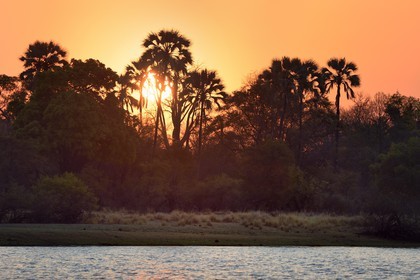 Zimbabwe, province de Matabeleland septentrional, Victoria Falls, coucher de soleil sur le fleuve Zambèze en amont des chutes Victoria