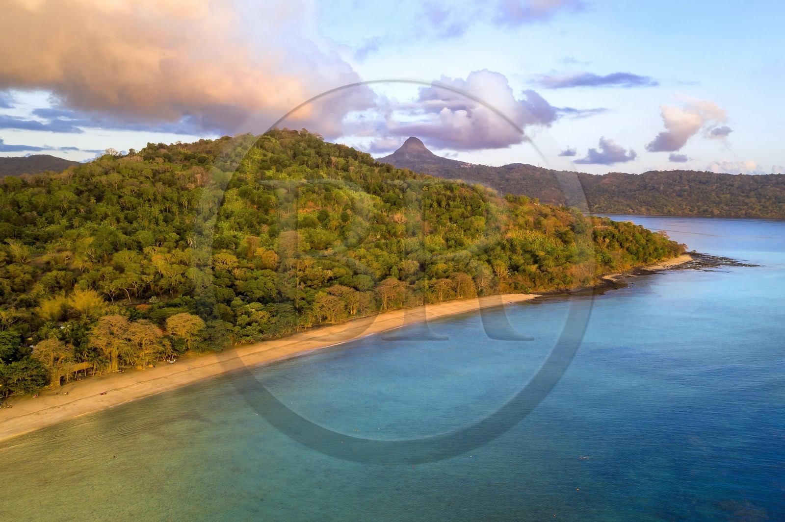 France, Mayotte island (French overseas department), Grande-Terre, Kani-Keli, the Maore Garden and the beach of N'Gouja, Mount Choungui in the background (aerial view)