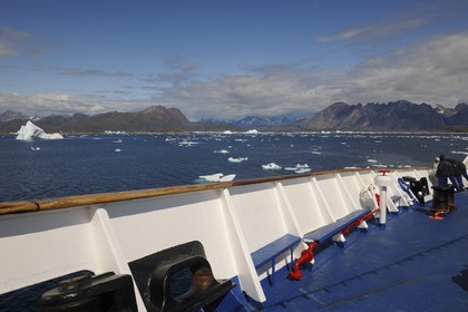 Greenland, Nanortalik Fjord, Princess Danae cruise ship moving between the icebergs