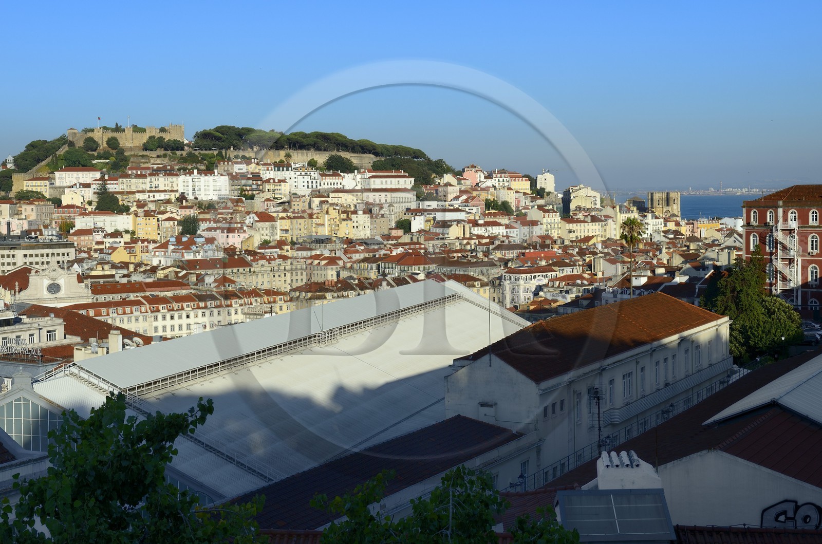 Portugal, Lisbon, Baixa district ​​view from the Mirador de Sao Pedro de Alcantara and the Castelo Sao Jorge (Castle of St. George) on the hill