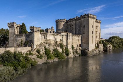 France, Bouches-du-Rhône (13), Tarascon, le chateau du roi René datant du XVe siècle en bordure du Rhone (vue aérienne)