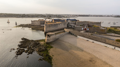 France, Morbihan, Port-Louis, Port Louis Citadel modified by Vauban, at Lorient harbour entrance, museum of the Compagnie des Indes and the large beach of Port-Louis at the foot of the ramparts(aerial view)