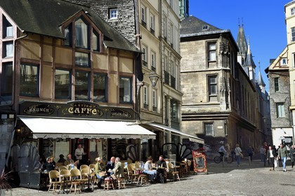 France, Seine Maritime, Rouen, café place Barthelemy and the archiepiscopal palace in the background