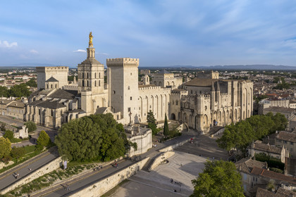 France, Vaucluse, Avignon, the Doms Cathedral and the Palais des Papes (Palace of the Popes) listed as World heritage by UNESCO, and the Palace Square (aerial view)