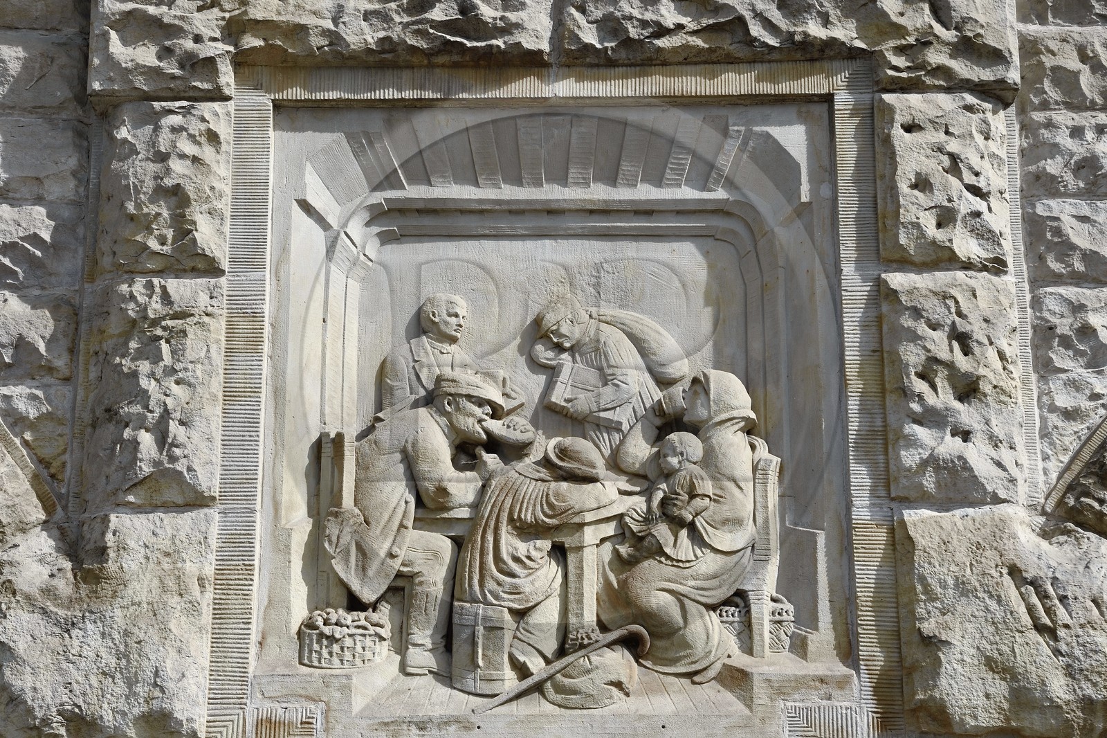 France, Moselle, Metz, Imperial district, railway station, built between 1905 and 1908 by the Berliner architect Jurgen Kruger, bas-relief representing the 3rd class popular train station restaurant