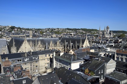 France, Seine Maritime, Rouen, the Palais de Justice (Courthouse) which was once the seat of the Parlement (French court of law) of Normandy and a rather unique achievements of Gothic civil architecture from the late Middle Ages in France, the Saint Ouen church in the background