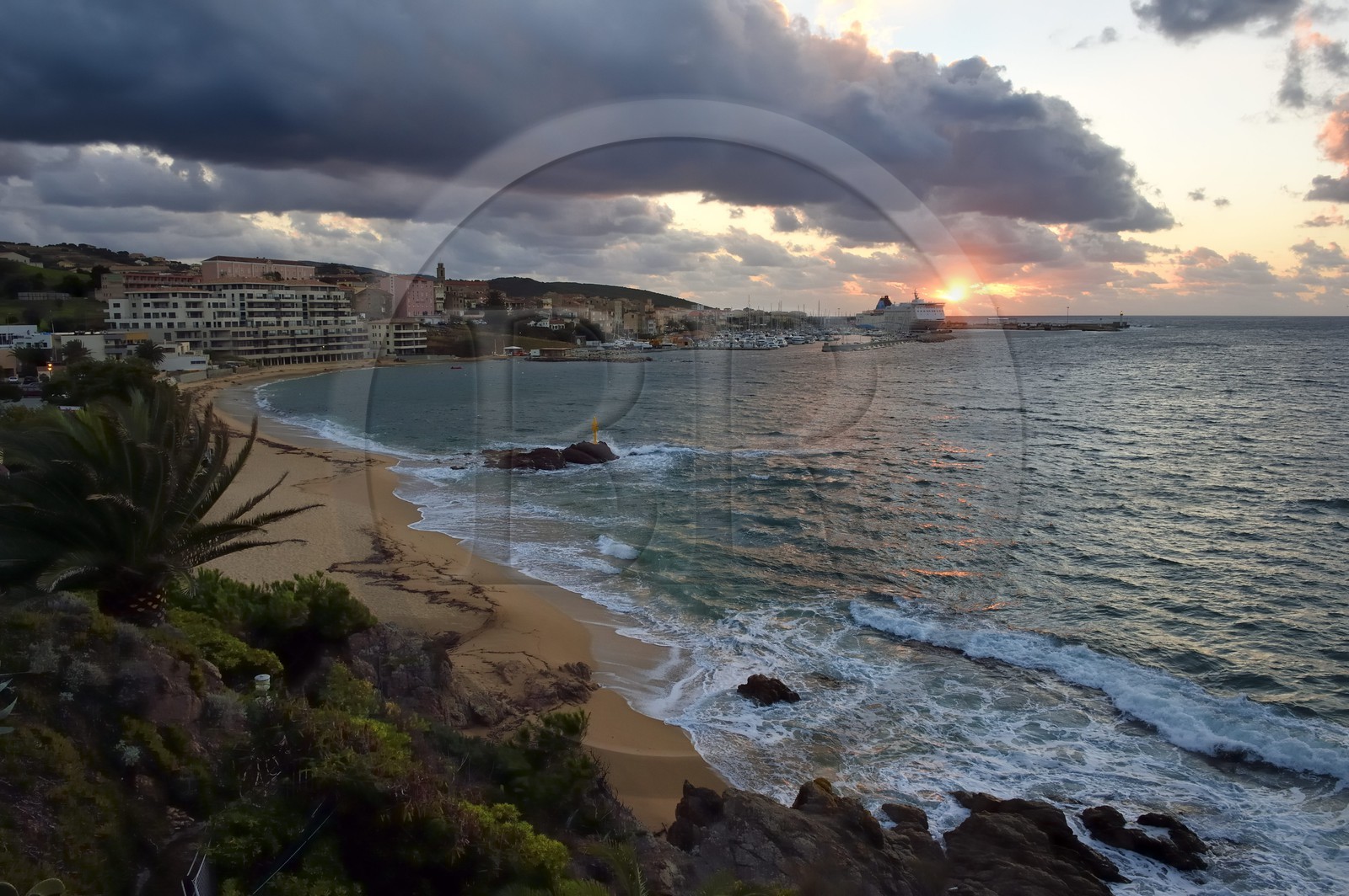 France, Corse du Sud, beach and port of Propriano
