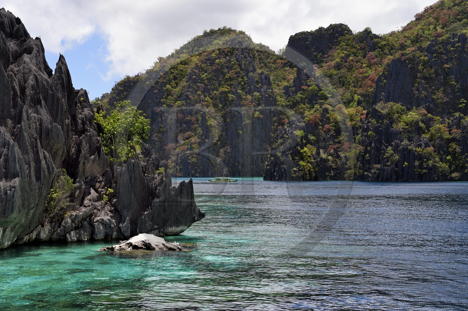 Philippines, Calamian Islands dans le nord de Palawan, Coron Island Natural Biotic Area, pirogue à balancier dans un lagon au pied des falaises de calcaire du Permien d'origine jurassique
