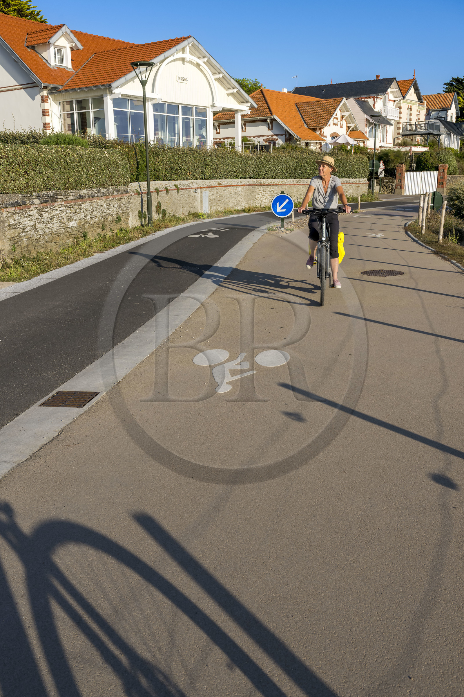 France, Loire-Atlantique (44), Pornic, cycliste sur la piste cyclable de la Vélodyssée sur la Pointe de Gourmalon