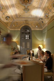 Greece, Cyclades, Aegean Sea, Santorini (Thira or Thera), village of Pyrgos, the Relais & Châteaux hotel Zannos Melathron, the dining room