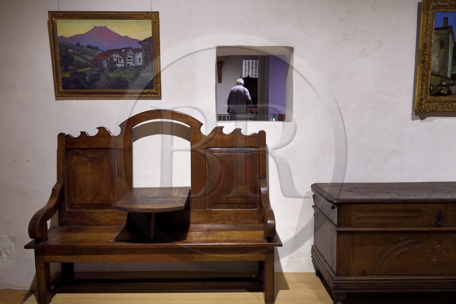 France, Pyrenees Atlantiques, Basque Country, Bayonne, Basque museum, zuzulu basque trunk bench