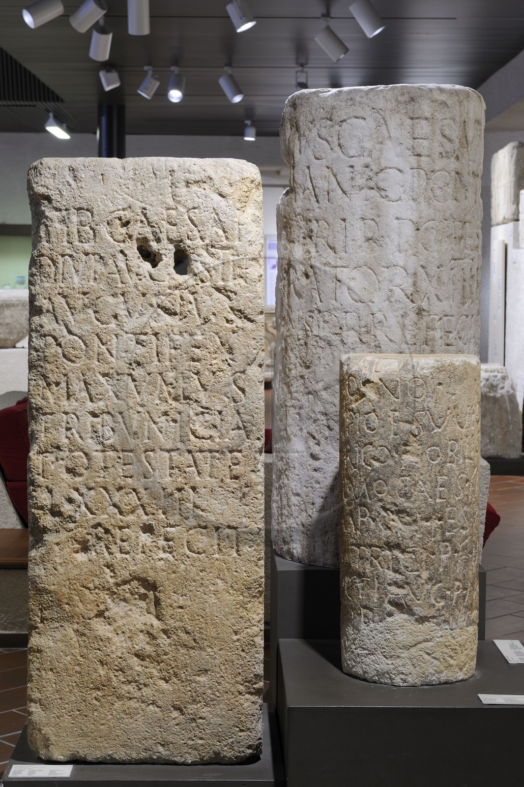 France, Herault, Beziers, Museum of Beziers region (Biterrois), milestones of Tiberius on the left and of Tretricus son on the right