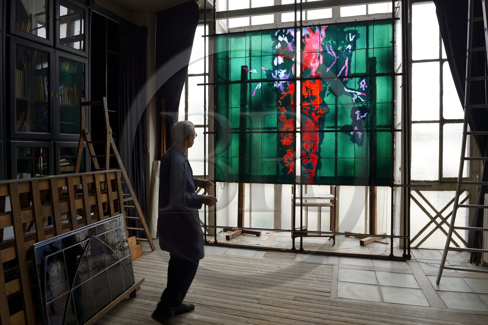 France, Marne, Reims, Simon Marq workshop, master glassmakers in Reims since 1640, achievement of stained glass windows for Saint Joseph chapel in Reims on drawings by the artist Jean-Paul Agosti