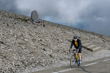 France, Vaucluse, Parc Naturel Regional du Mont Ventoux, Bedoin, bike ascent of Mont Ventoux by the D974 road on the southern slope, the monument in memory of Tom Simpson who died during the Tour de France