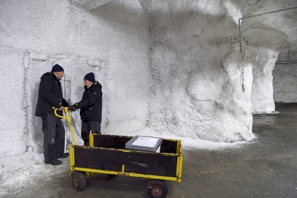 Norvège, Svalbard, Spitzberg, Longyearbyen, la Réserve mondiale de semences du Svalbard (banque de graines du Global Seed Vault), antichambre des 3 zones de stockage creusée dans la roche et à une température constante de -4°C fournie par le permafrost, porte d'accès à la salle de stockage maintenue artificiellement à -18°C