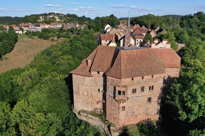 France, Bas-Rhin, Parc regional des Vosges du nord (Northern Vosges Regional Natural Park), La Petite Pierre, the castle of Lutzelstein at the tip of the old village (aerial view)