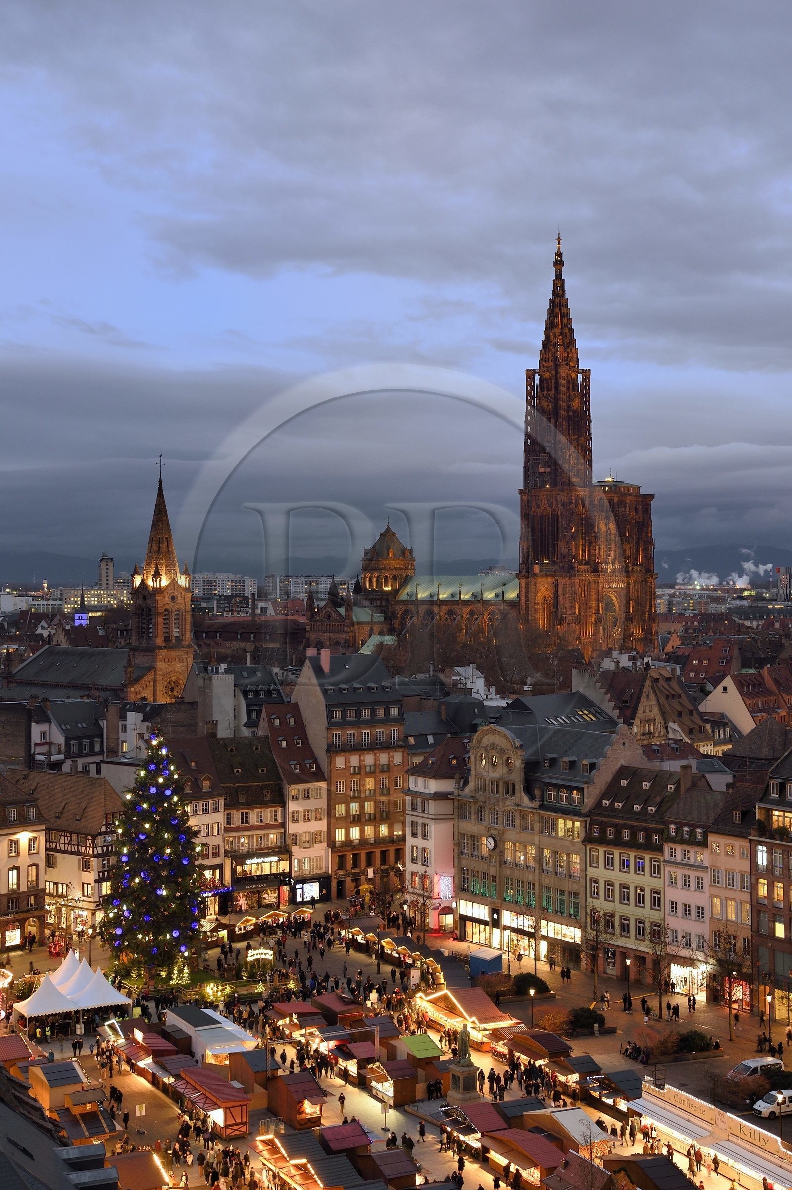 France, Bas-Rhin (67), Strasbourg, vieille ville classée au Patrimoine Mondial de l’UNESCO, le Grand Sapin de Noël sur la place Kléber et la cathédrale