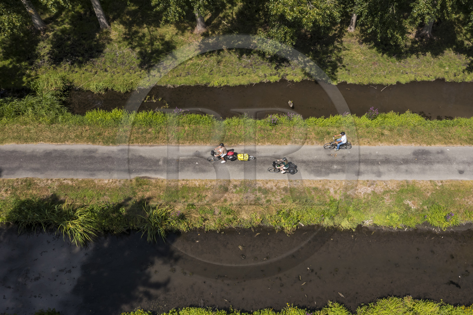 France, Deux-Sèvres (79), le Marais Poitevin, la Venise Verte, Sansais, randonnée à bicyclette le long de la Sèvre Niortaise sur la voie cyclable de la Vélo Francette (vue aérienne)