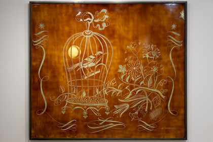 France, Loire Atlantique, Saint Nazaire, Escal'Atlantic in the former German submarine base brings the world of transatlantics back to life, lacquer panel in a partial reconstruction of a first class cabin of the Normandie (1935)