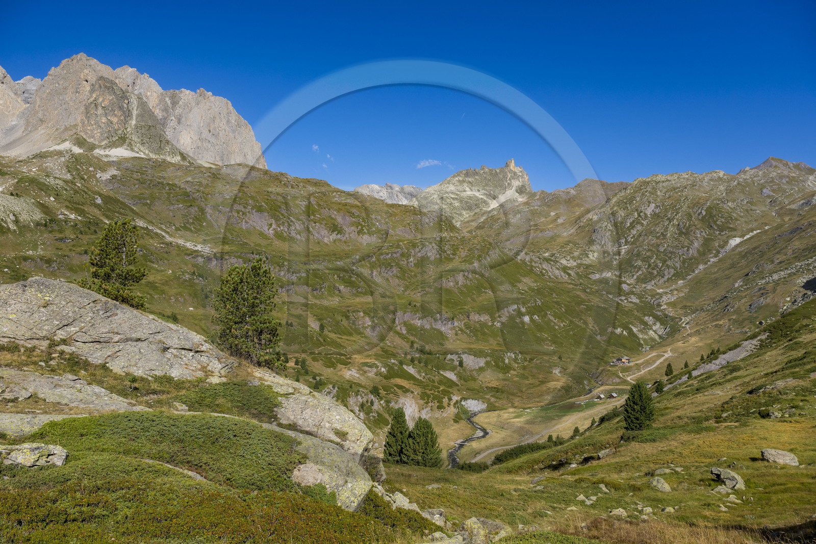 France, Hautes Alpes, Briancon region, Nevache, the Clarée valley at the foot of the Cerces massif, the Drayères refuge in the background