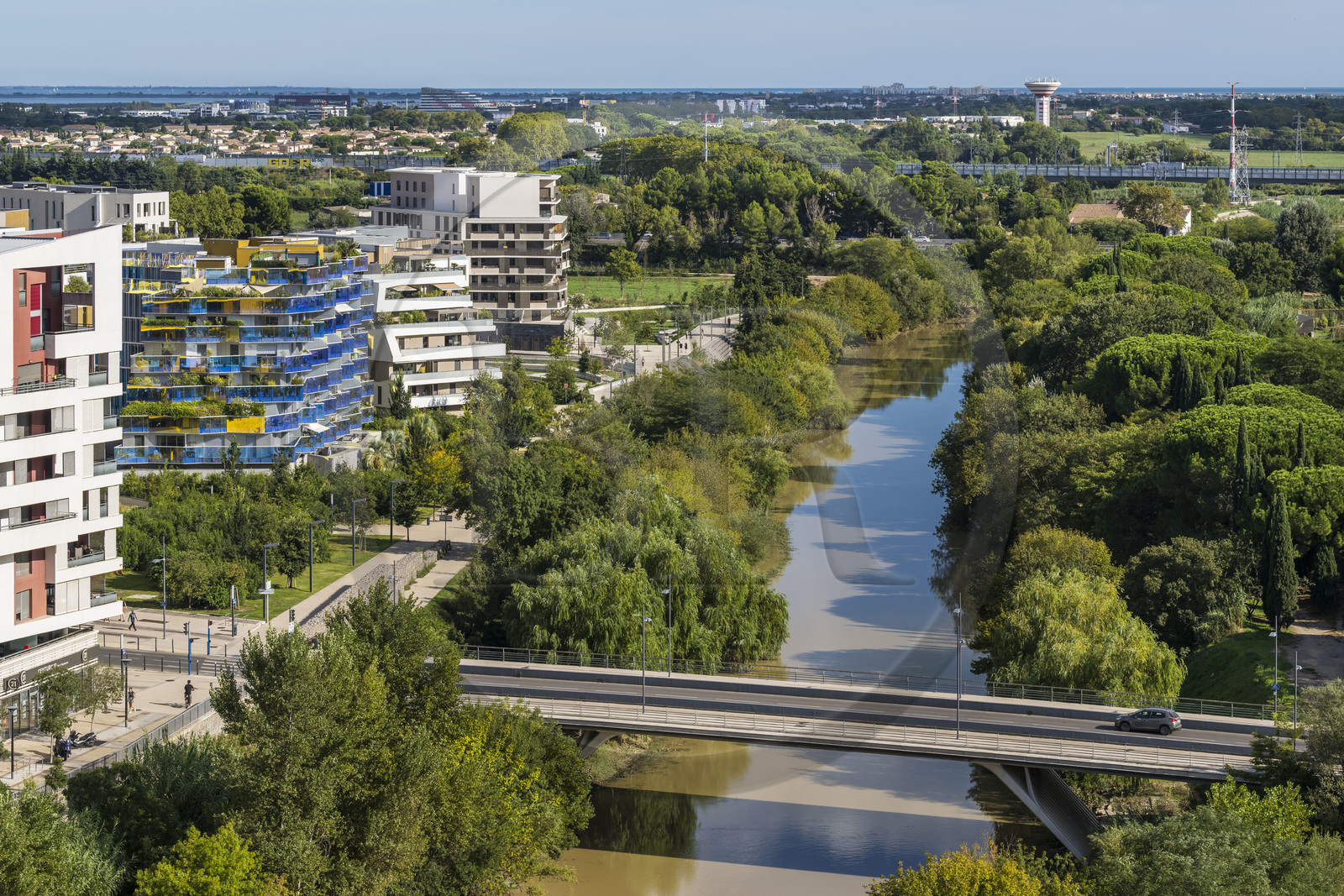 France, Herault, Montpellier, Richter district, the banks of the Lez river, the Koh-I-Noor residence designed by architect Bernard Bühler (with blue balconies)
