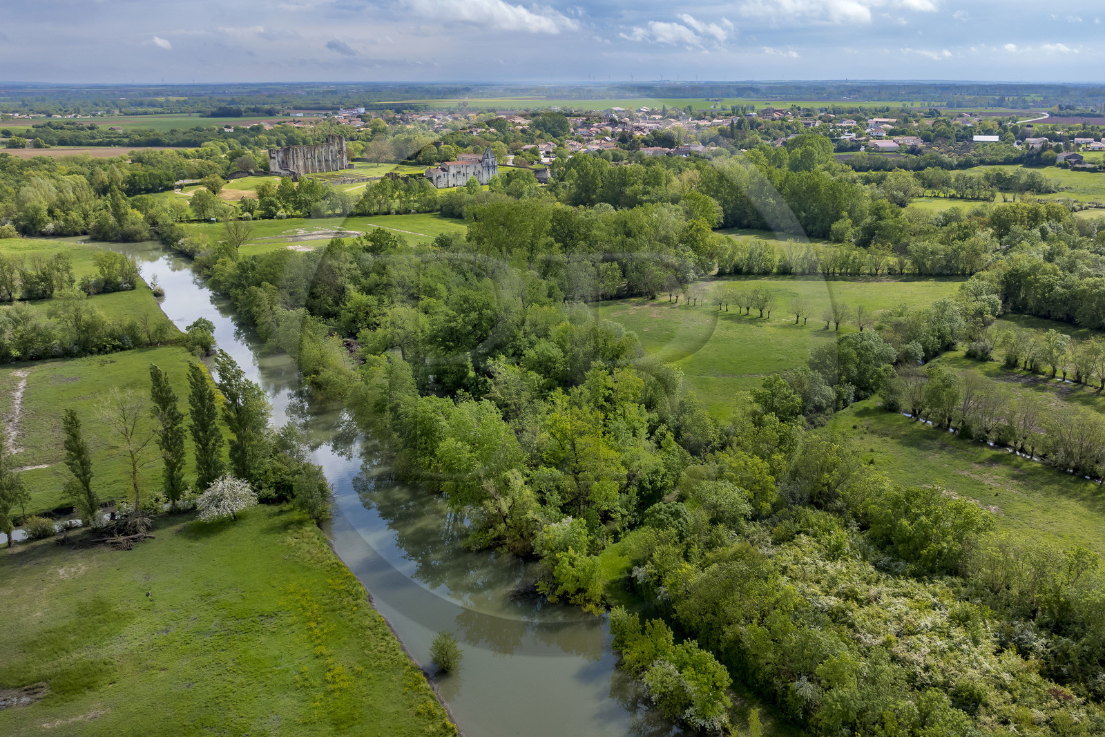 France, Vendée (85), Parc Interrégional du Marais Poitevin labellisé Grand Site de France, Maillezais, parcelles de terres entrecoupées par les affluents de l'Autise, les vestiges de l'abbaye Saint-Pierre de Maillezais en arrière plan (vue aérienne)