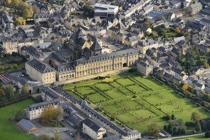 France, Mayenne, Evron, Notre-Dame d'Evron abbey, eighteenth century Benedictine abbey (aerial view)