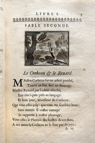 France, Aisne (02), Château-Thierry, Musée Jean de La Fontaine - Ville de Chateau-Thierry, première édition du livre des Fables de La Fontaine, Edition Claude Barbin et Denys Thierry, 1668, in-4, illustrées par François Chauveau, Le Corbeau et le Renard fable II du livre I