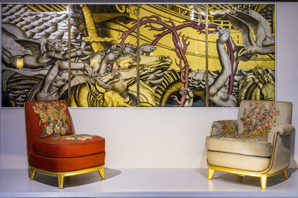 France, Loire Atlantique, Saint Nazaire, Escal'Atlantic in the former German submarine base brings the world of transatlantics back to life, fireside chair and armchair under a set of four panels glass slabs by Auguste Labouret representing the Rape of Europa, Grand Salon 1st class of the liner Normandie, 1935