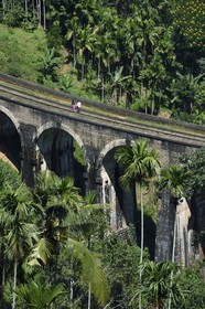 Sri Lanka, Province d'Uva, train sur la voie de chemin de fer dans la région montagneuse de la culture du thé entre Badulla et Ella, le Pont aux Neuf Arches non loin de Ella