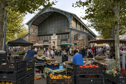 France, Pyrénées-Atlantiques (64), Pays-Basque, Saint-Jean-de-Luz, étal devant le marché couvert