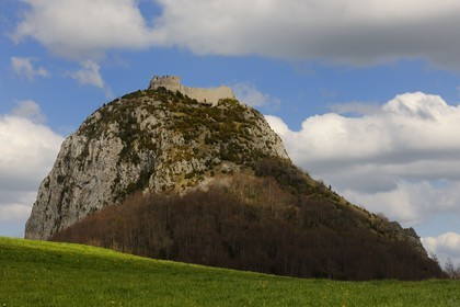 France, Ariege, Pays d' Olmes, Cathar Castle of Montsegur perched on a rock