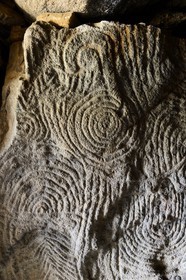France, Morbihan, Gavrinis Cairn dated 3500 BC, decorated slabs from the Gavrinis passage