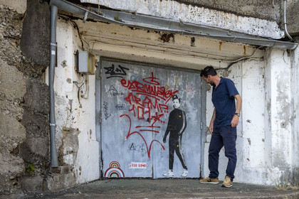 France, Morbihan, Lorient, Lorient La Base, former submarine base built by the Germans during the Second World War, Artur Rimbo collage of Mastabilo