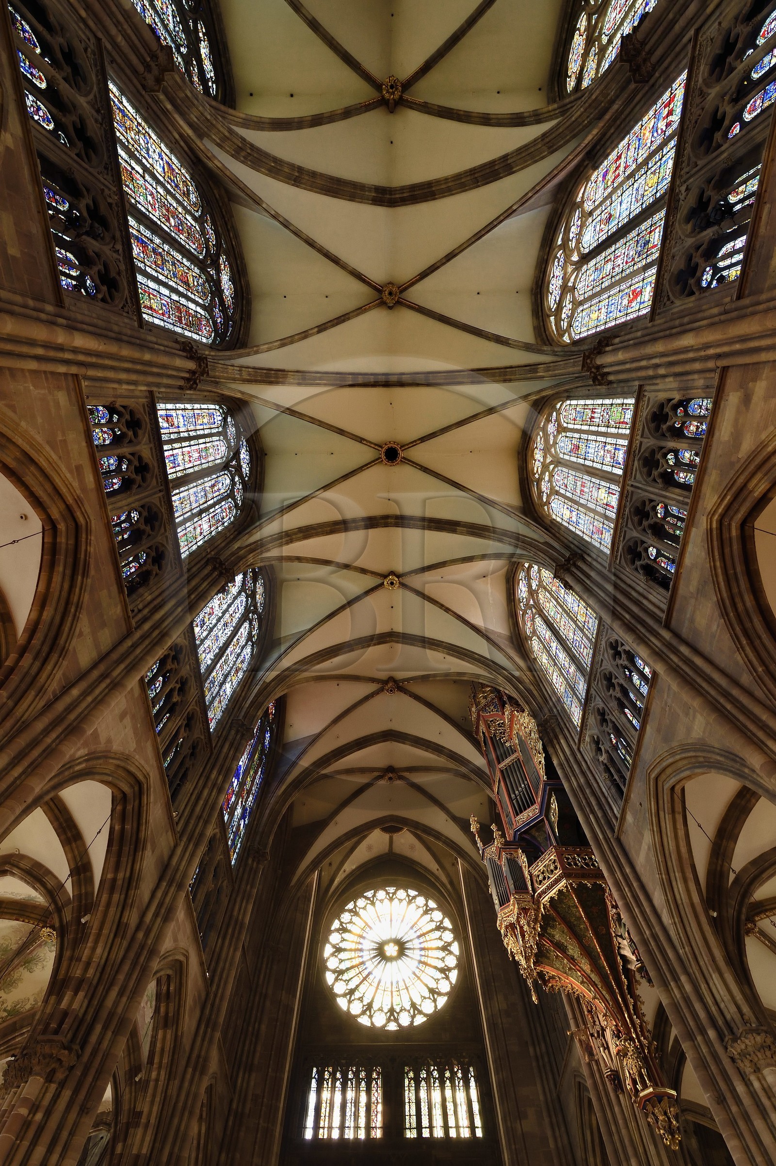 France, Bas Rhin, Strasbourg, old town listed as World Heritage by UNESCO, Notre Dame Cathedral, the ceiling of the Gothic nave and the Rose