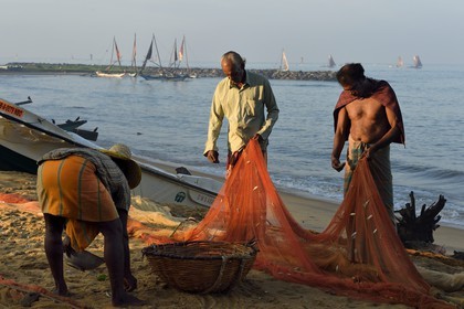 Sri Lanka, Western Province, Negombo, fishermen sorting their nets on the Porathota beach